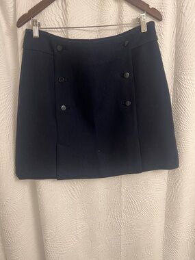 Basque Navy Blue Double Breasted Button Front Twill A-Line Mini Skirt Womens